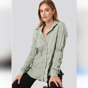 ZARA Creased Wrinkle Effect Silky Pale Green Button Up Long Sleeve Top Large